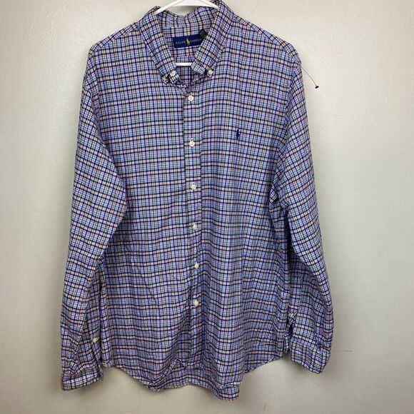 Ralph Lauren Shirt XL Blue Long Sleeve Button Check Plaid Classic Preppy EUC - Picture 1 of 8